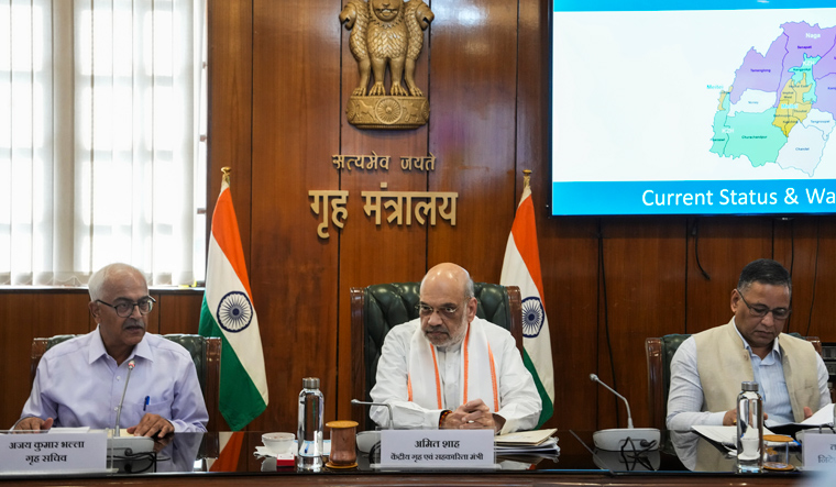 Union Home Minister Amit Shah and Home Secretary Ajay Kumar Bhalla during a high-level meeting to review the security situation in Manipur, in New Delhi | PTI