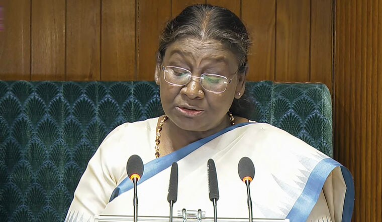 **EDS: SCREENSHOT VIA SANSAD TV** New Delhi: President Droupadi Murmu addresses the joint sitting of the Lok Sabha and Rajya Sabha, in New Delhi, Thursday, June 27, 2024. The first session of the 18th Lok Sabha began on Monday and the 264th session of the Rajya Sabha will begin on June 27. (PTI Photo) (PTI06_27_2024_000101B)