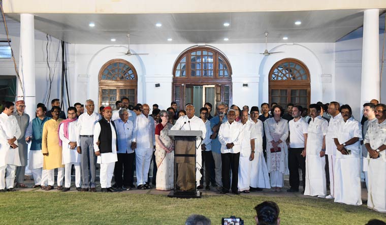 Congress president Mallikarjun Khare addresses media after a meeting of the INDIA bloc leaders | Sanjay Ahlawat