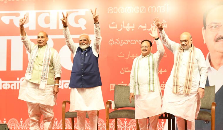 Prime Minister NArendra Modi, Union Home Minister Amit Shah, Defence Minister Rajnath Singh and BJP president J.P. Nadda at party headquarters after the NDA's victory in the Lok Sabha elctions | Sanjay Ahlawat