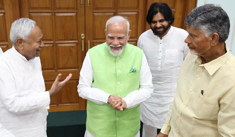 **EDS: IMAGE VIA @ncbn** New Delhi: Prime Minister Narendra Modi with key allies TDP chief N Chandrababu Naidu, JD(U) chief Nitish Kumar and Janasena chief Pawan Kalyan during National Democratic Alliance (NDA) meeting at PM's residence, in New Delhi, Wednesday, June 5, 2024. (PTI Photo)  (PTI06_05_2024_000335B)