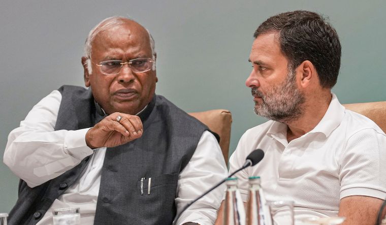 Congress President Mallikarjun Kharge with party leader Rahul Gandhi during the extended Congress Working Committee meeting, in New Delhi on June 8, 2024 | PTI