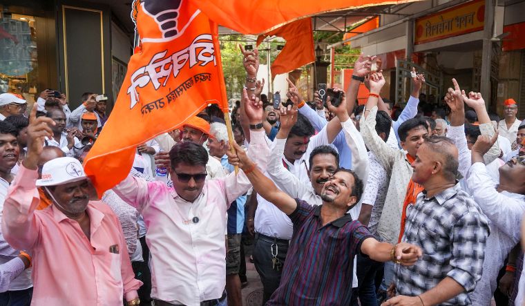 Shiv Sena (UBT) supporters celebrate the party's lead during counting of votes for Lok Sabha elections, at the Shiv Sena Bhavan, in Mumbai | PTI