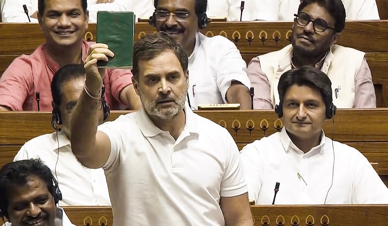 **EDS: SCREENSHOT VIA SANSAD TV** New Delhi: Congress MP Rahul Gandhi speaks in the Lok Sabha during ongoing Parliament session, in New Delhi, Monday, July 1, 2024. (PTI Photo)(PTI07_01_2024_000179B)