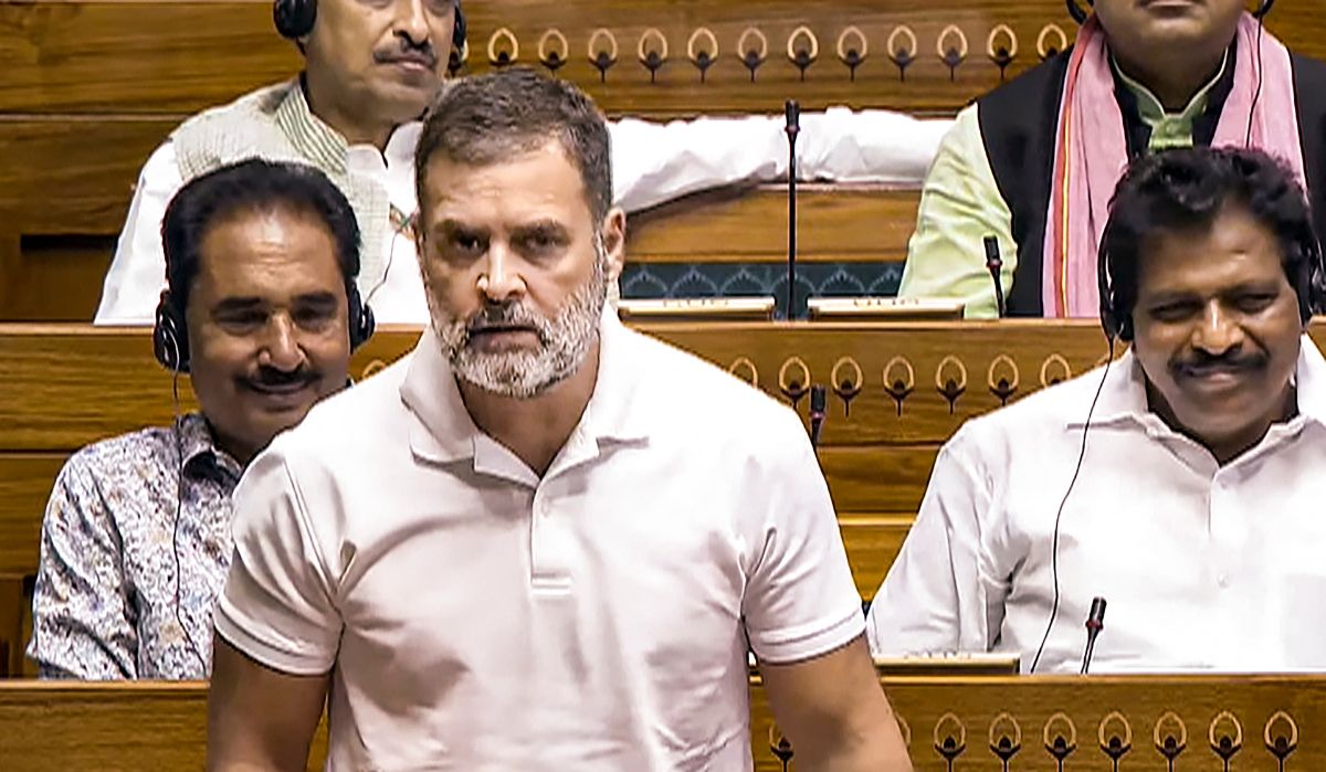 Leader of the Opposition in the Lok Sabha Rahul Gandhi speaks in the House during the first day of the Parliament session | PTI