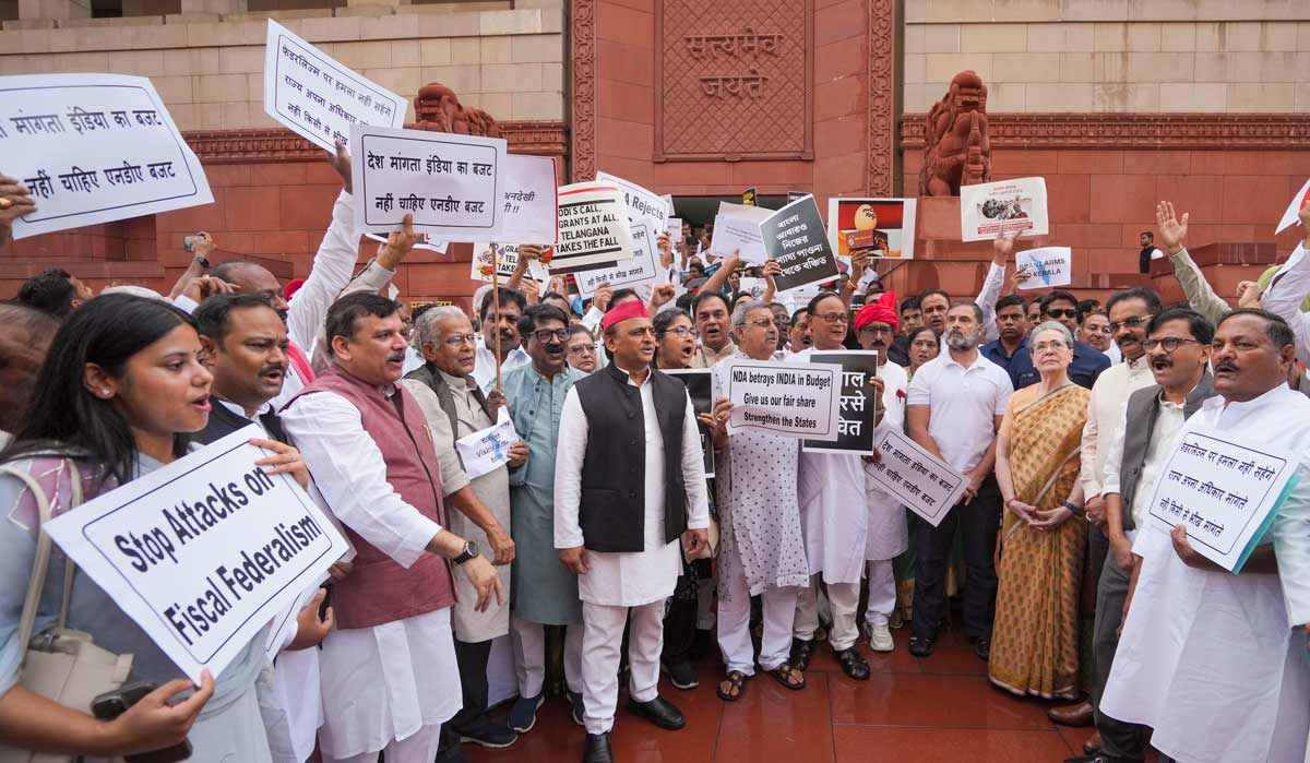 Opposition MPs led by Congress protest inside Parliament premises alleging discrimination in Union Budget 2024 during the Monsoon session | PTI