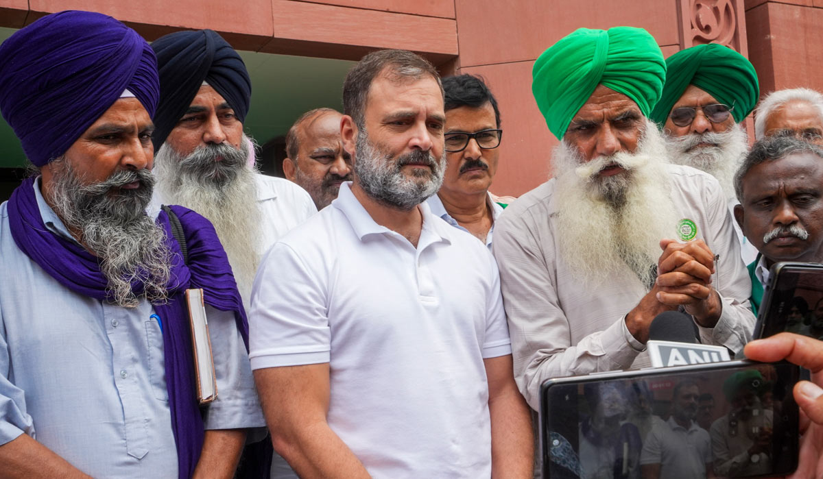 Leader of Opposition in Lok Sabha and Congress MP Rahul Gandhi along with farmer leaders speaks to the media at the Parliament House | PTI