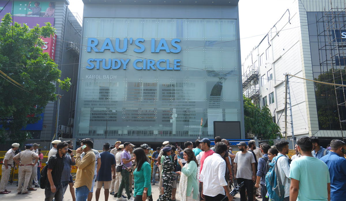 Security personnel stand guard near the Rau's IAS Study Circle in Delhi | PTI