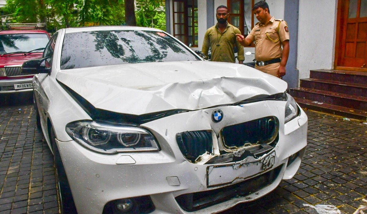 The damaged BMW car, which was allegedly involved in an accident that killed a woman, parked at Mumbai's Worli Police Station | PTI