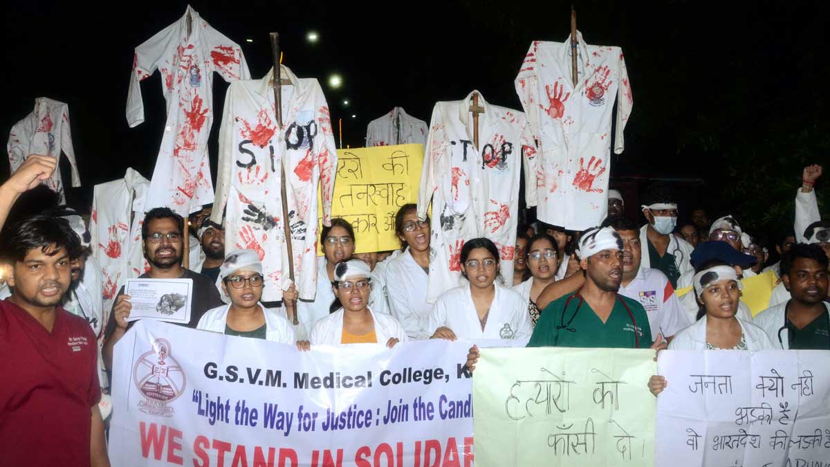 Doctors of the GSVM Medical College march during a protest against the recent alleged rape and murder of a woman doctor at Kolkatas RG Kar Medical College and Hospital, in Kanpur | PTI
