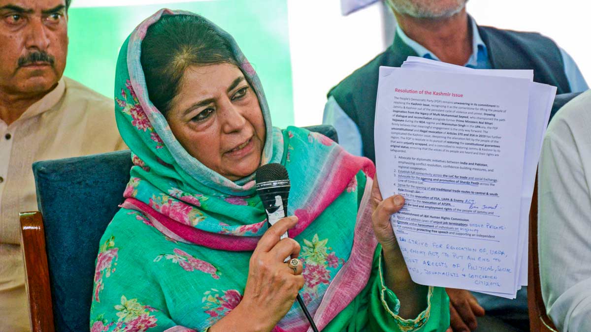 PDP President Mehbooba Mufti during the release of the party's election manifesto ahead of the state assembly elections, in Srinagar | PTI
