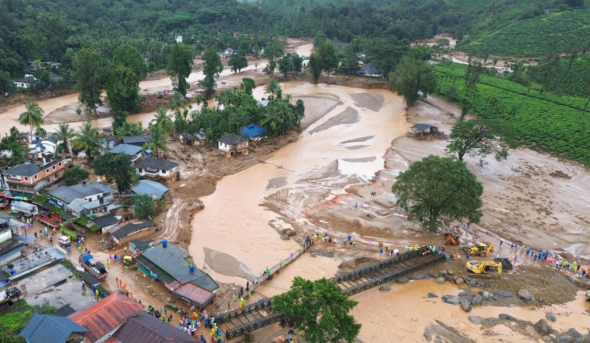 This handout photograph taken on August 1, 2024 and released by Humane Society International, India, shows an aerial view of the tea plantations after landslides in Wayanad | via AFP