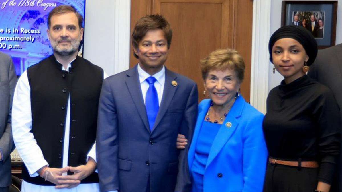 Rahul Gandhi with US lawmakers, including Ilhan Omar (extreme right) | via X