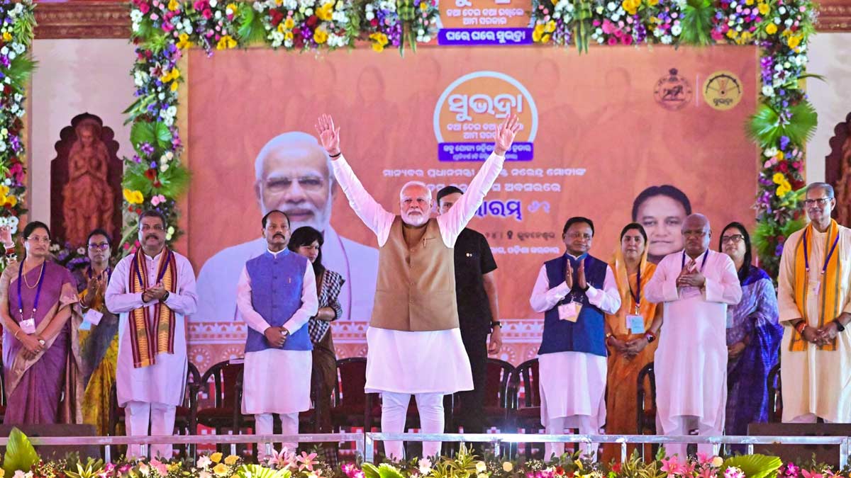 Prime Minister Narendra Modi with Odisha Governor Raghubar Das and Chief Minister Mohan Charan Majhi at the launch of the Subhadra Yojana | PTI