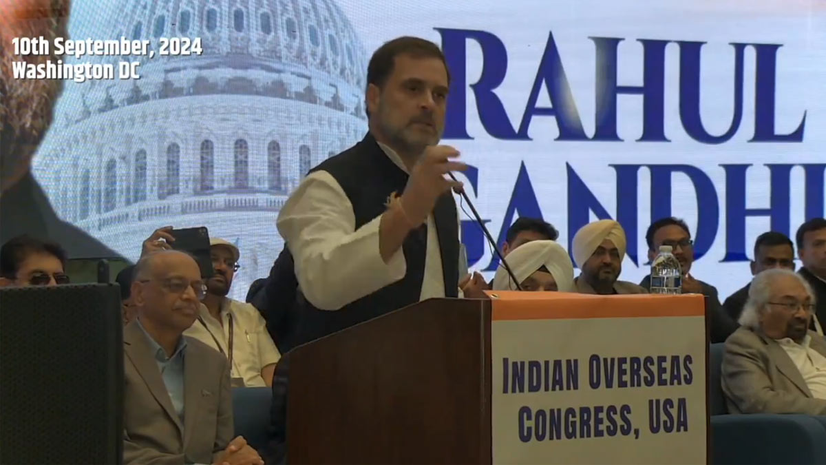 Congress leader Rahul Gandhi addresses a gathering of the Indian Overseas Congress in the US | X