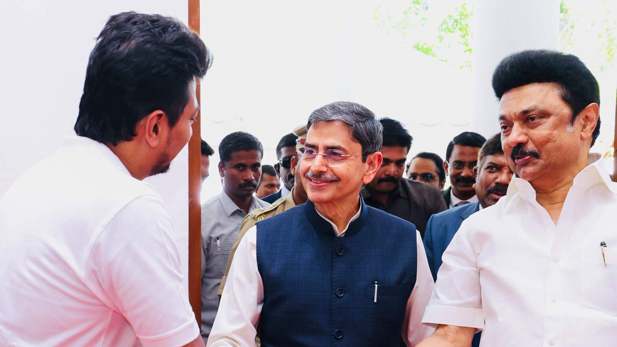 Tamil Nadu Governor R.N. Ravi with Chief Minister M.K. Stalin and Deputy CM Udhayanidhi Stalin after the swearing-in ceremony | PTI
