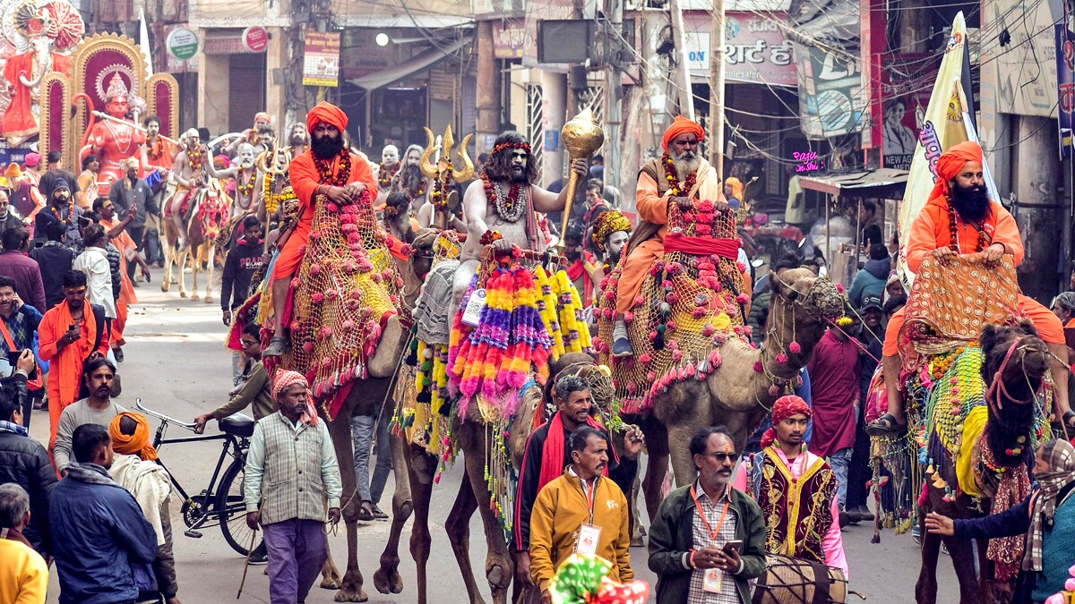 Sadhus of Shri Panchayati Nirmal Akhada during the royal entry procession or 'Chavni Pravesh' for the Mahakumbh 2025, in Prayagraj | PTI