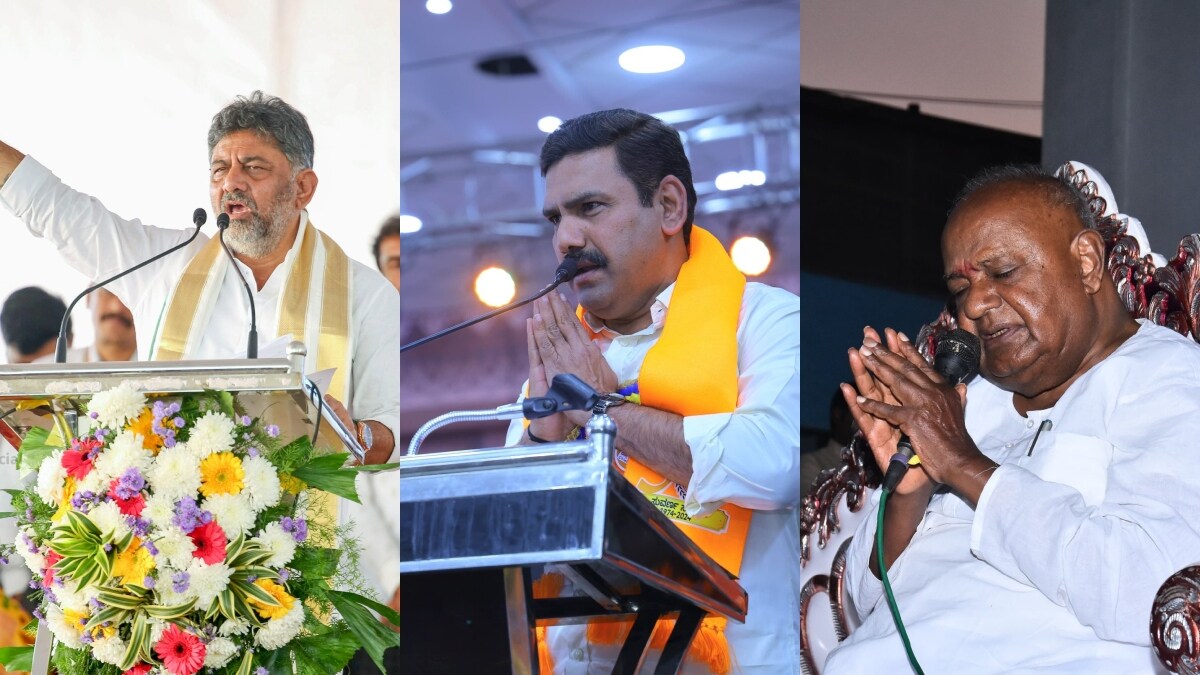 Karnataka Congress chief D K Shivakumar, BJP chief B Y Vijayendra and JD(S) national president H D Devegowda | X 