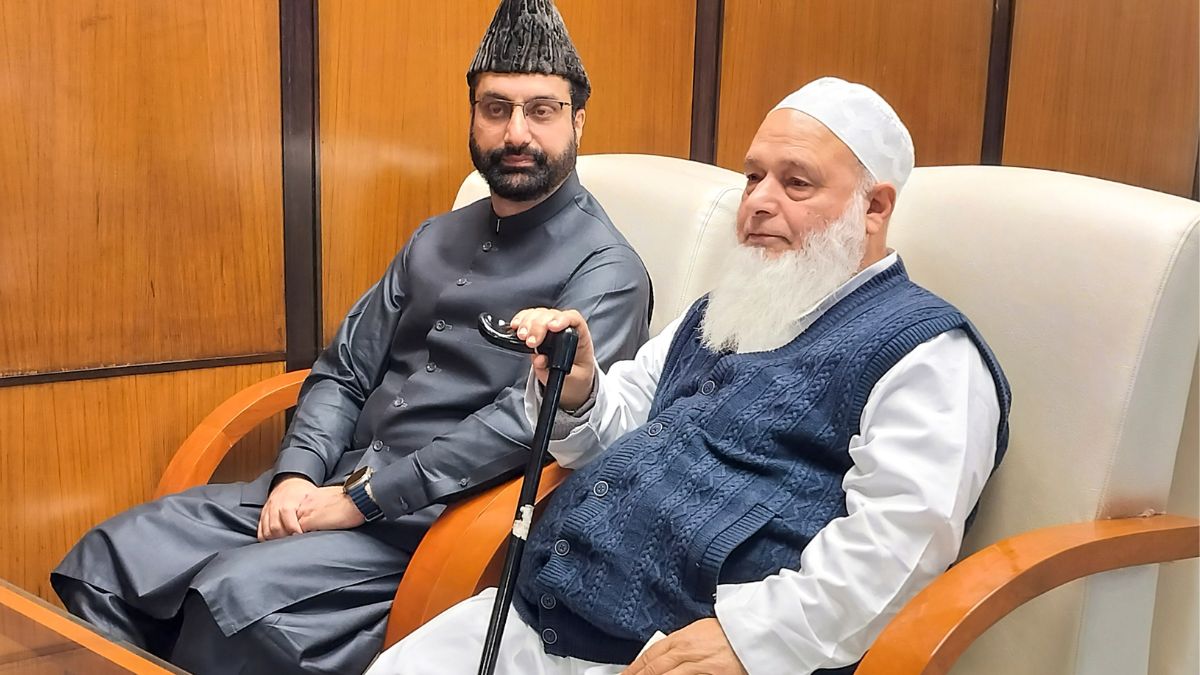 Mirwaiz Umar Farooq, left, the religious head of Kashmir, with Maulana Rehmatullah of Bandipora waits to appear before the parliamentary panel on Waqf Amendment Bill, at Parliament Annexe, in New Delhi, on January 24, 2025 | PTI