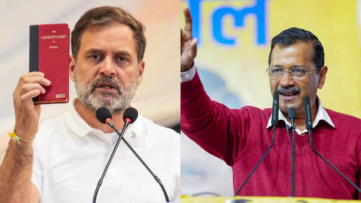 (L) Congress leader Rahul Gandhi (R) AAP national convener Arvind Kejriwal while addressing a public meeting ahead of the Delhi Assembly elections, in New Delhi | PTI