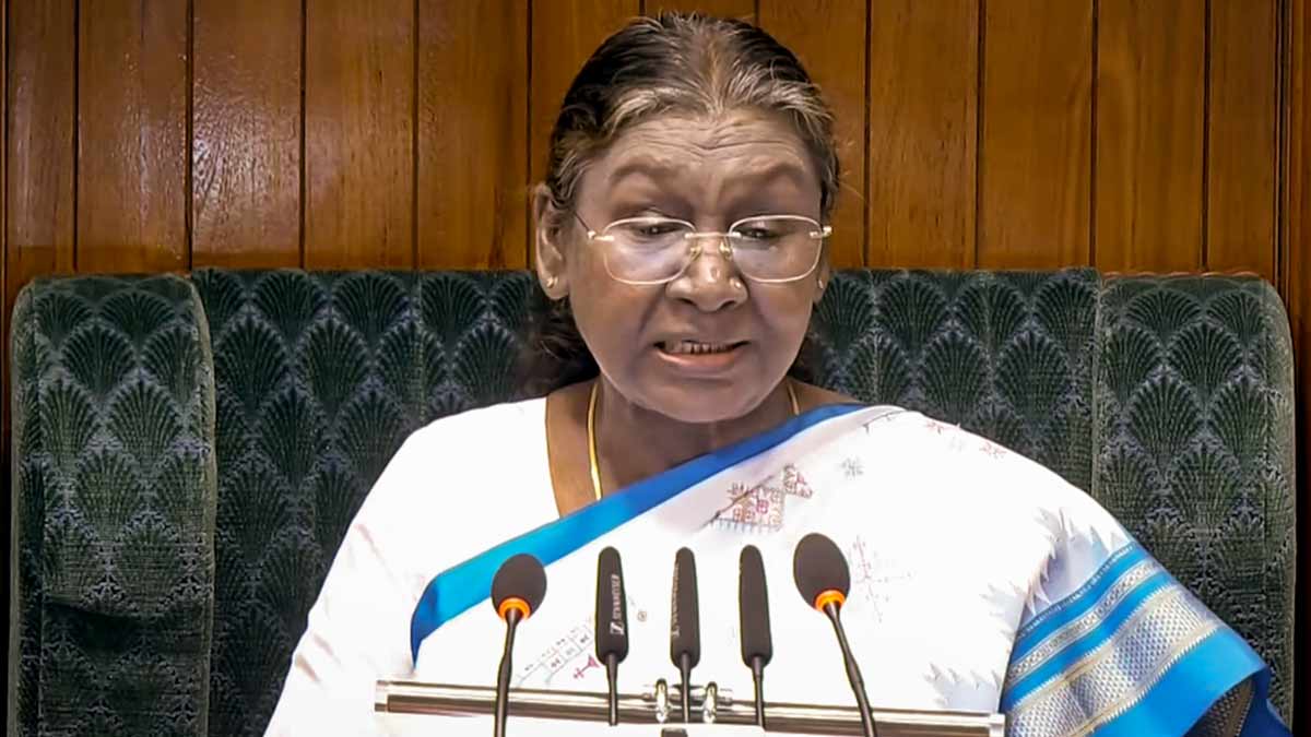 President Droupadi Murmu addresses the joint sitting of both Houses of Parliament on the first day of the Budget Session, in New Delhi | PTI