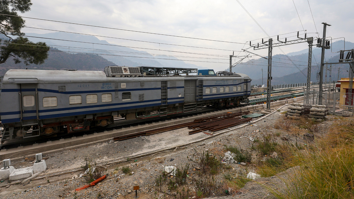 An OHE inspection car is seen on a railway track of the Chenab Rail Bridge, the world's highest railway bridge, in Reasi district, Jammu and Kashmir | PTI