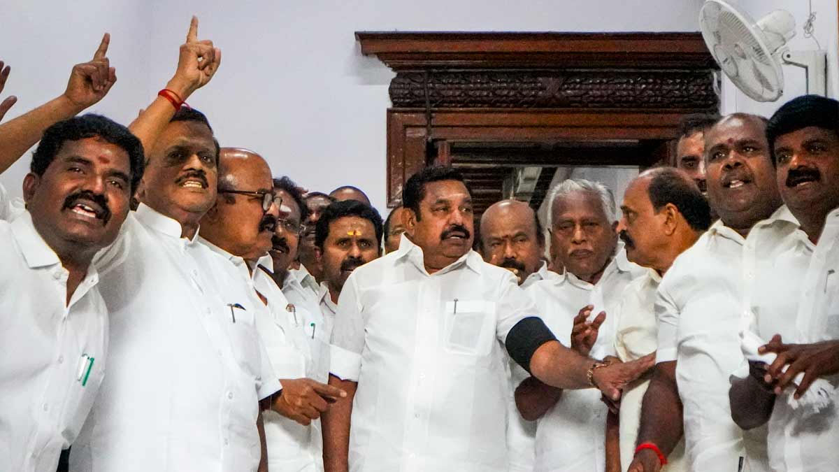 Leader of Opposition in Tamil Nadu Assembly Edappadi K. Palaniswami and other AIADMK MLAs raise slogans as they stage a walkout from the assembly | PTI