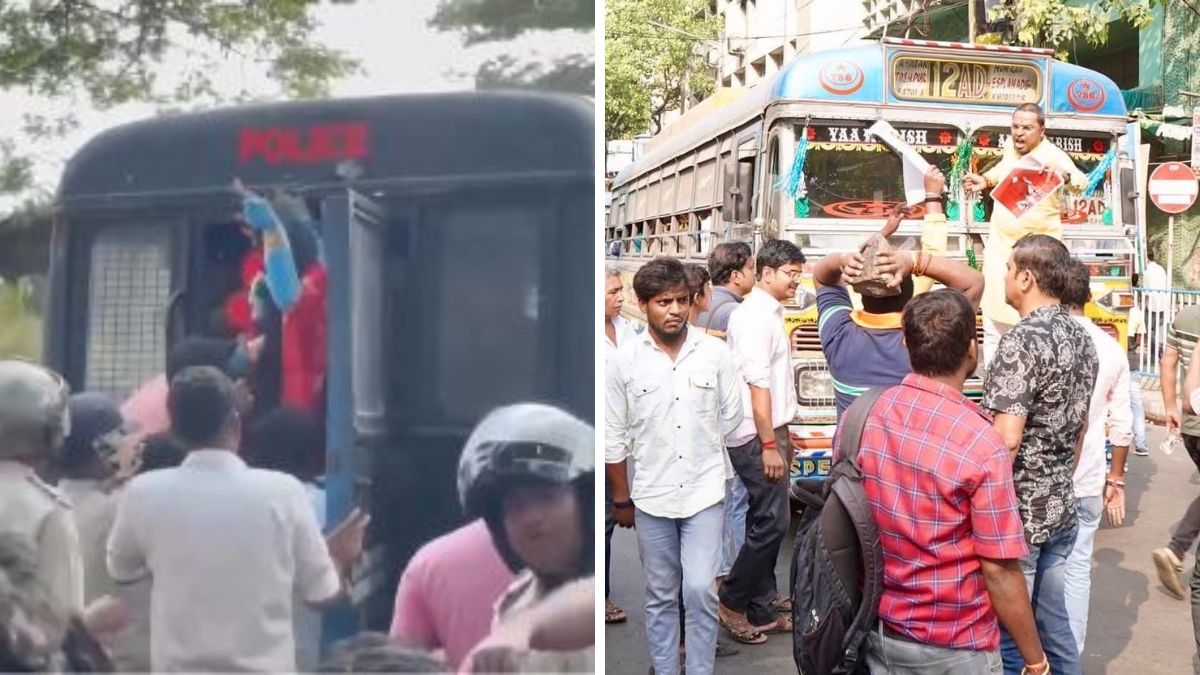 Screengrab of the viral video showing idol of Kali being shoved into a police vehicle. (Right) Protests that ensued over the desecretion of idol | X