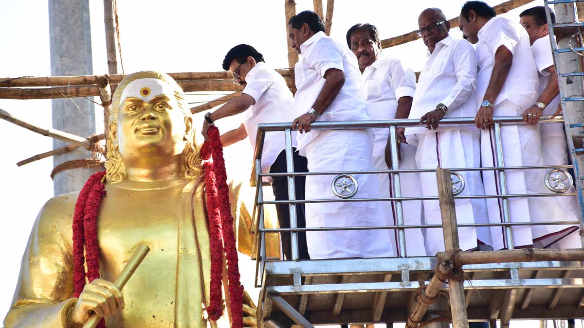 Tamil Nadu Chief Minister M.K. Stalin garlands a statue of freedom fighter Muthuramalinga Thevar, in Madurai, Tamil Nadu | PTI