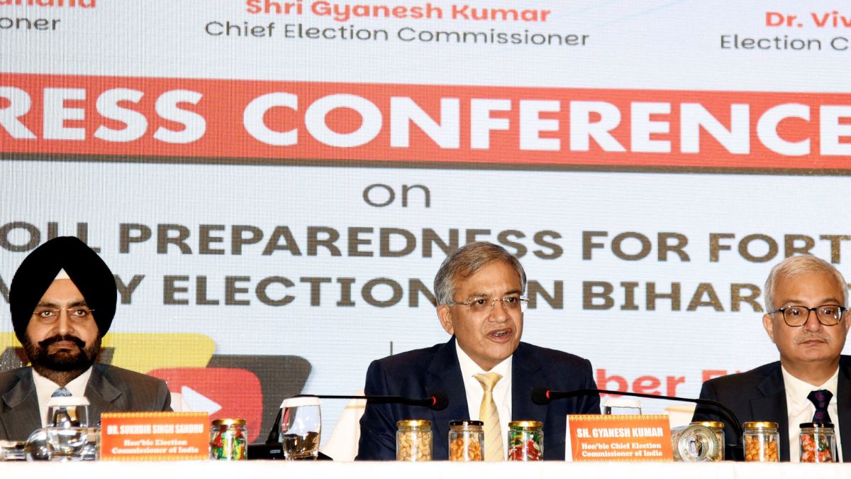 Chief Election Commissioner Gyanesh Kumar with Election Commissioners Sukhbir Singh Sandhu and Vivek Joshi addresses a press conference, in Patna | PTI