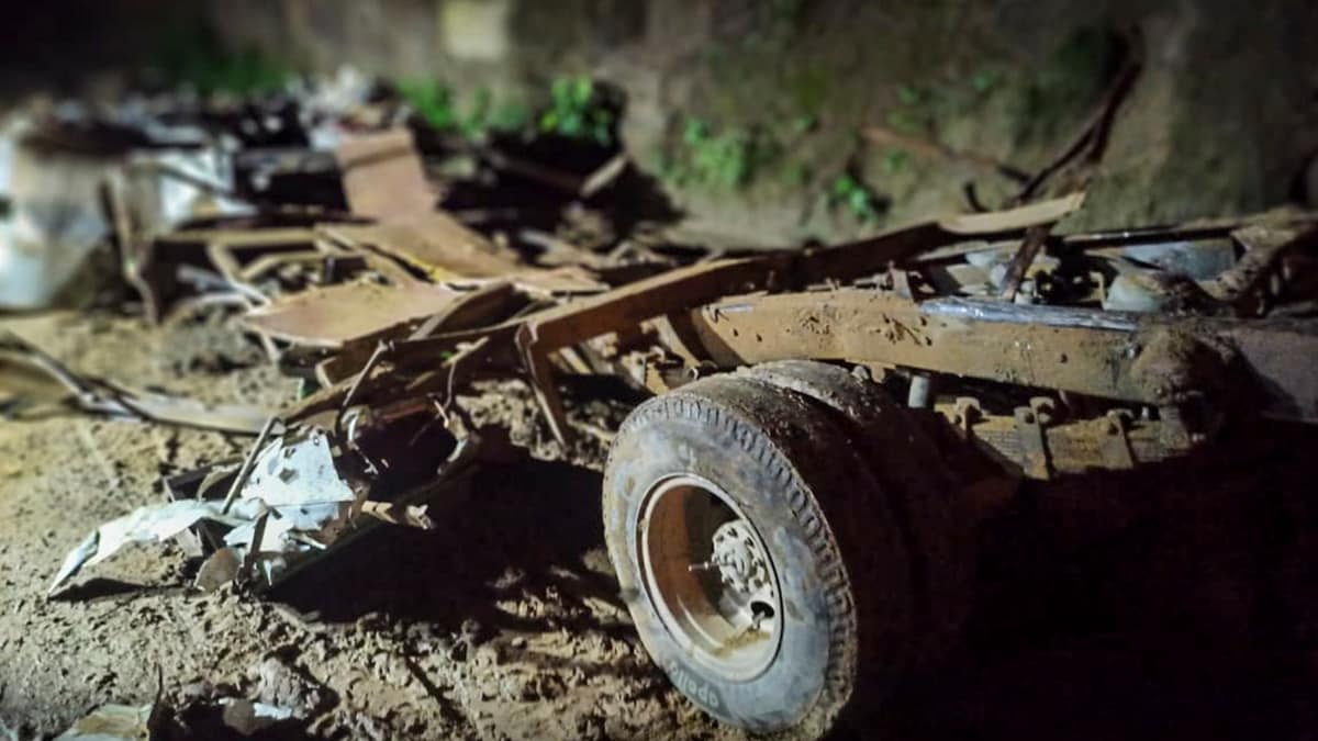 Bilaspur: Wreckage of a bus is seen after at least 18 passengers were killed while three were rescued as a private bus they were travelling in was struck by a massive landslide, in Bilaspur district, Himachal Pradesh, Tuesday, Oct. 7, 2025. (PTI Photo) (PTI10_07_2025_000414B)