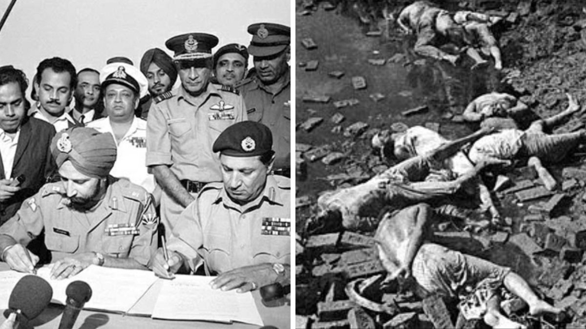 Image from 1971 showing the surrender of Pakistan Army. (Right) An image from East Pakistan genocide | X