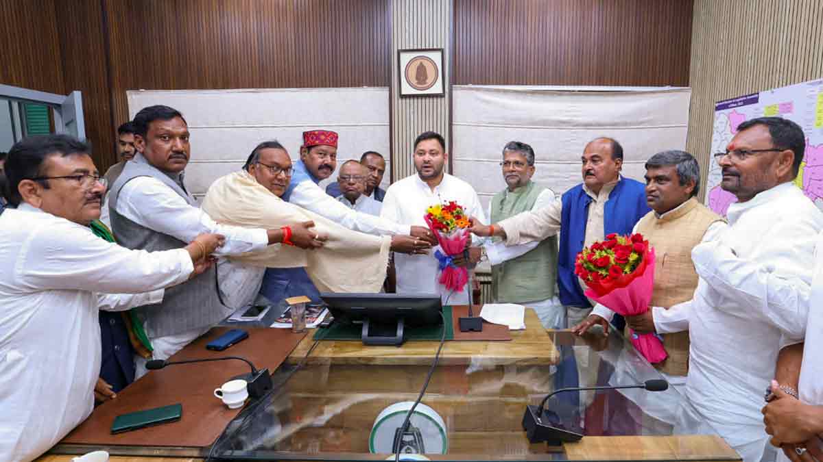 Newly elected RJD MLAs and others greet party leader Tejashwi Yadav after he was elected as the legislature party leader | PTI