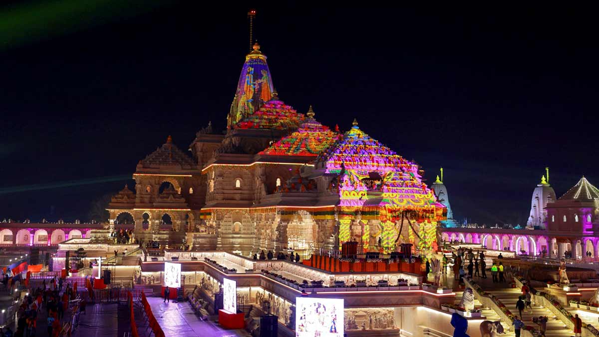 Ram Mandir illuminated with decorative lights on the eve of 'Dhwajarohan Utsav' | PTI
