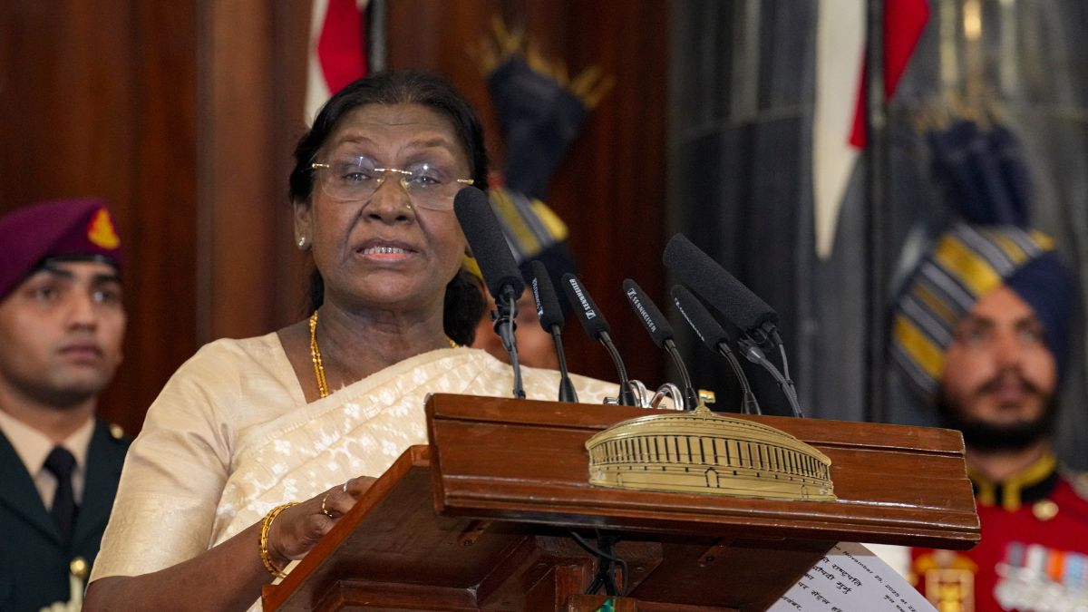 President Droupadi Murmu addresses a gathering during Constitution Day celebrations at Central Hall of Samvidhan Sadan in New Delhi | PTI