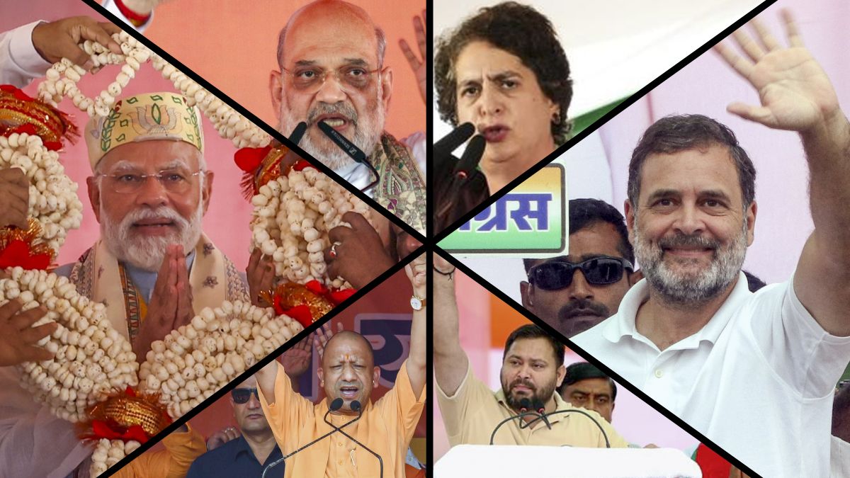 A collage of photos from Bihar polls campaigning featuring Narendra Modi, Amit Shah, Priyanka Gandhi, Rahul Gandhi, Tejashwi Yadav, and Yogi Adityanath (clockwise from left) | PTI