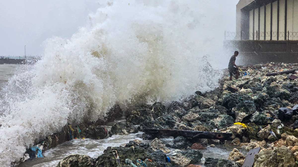 A man stands on rocks as waves crash against the seaside during rough sea conditions triggered by Cyclone Ditwah, in Ramanathapuram, Tamil Nadu | PTI