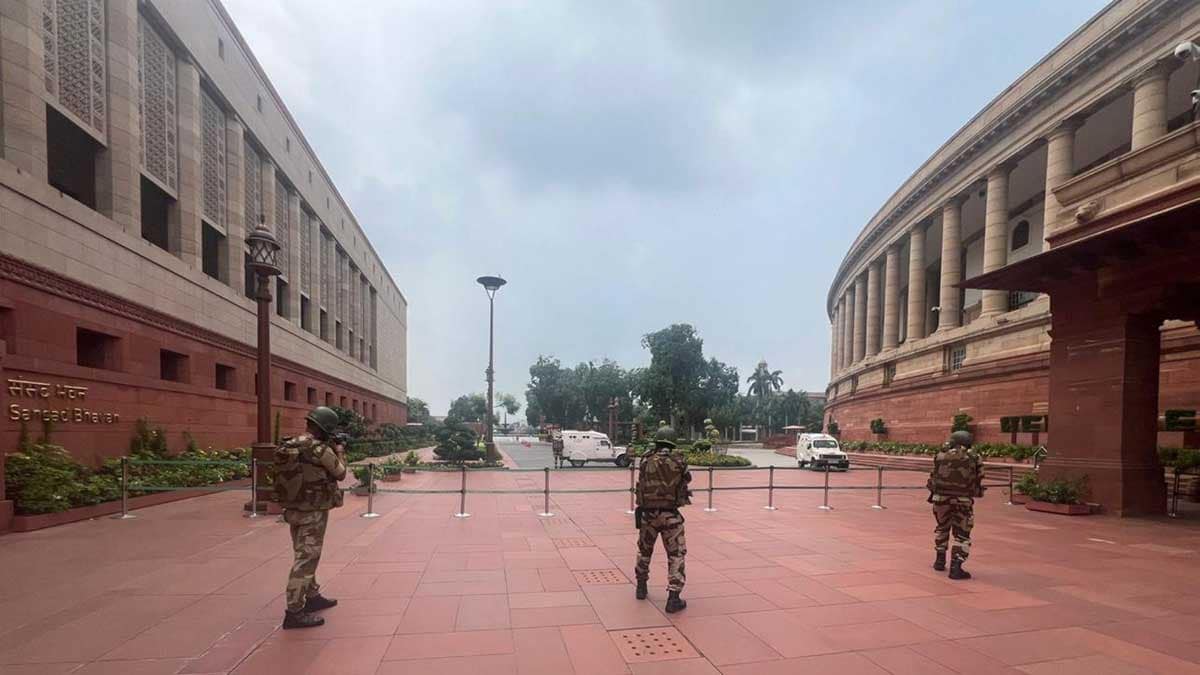 Security personnel take part in a mock drill conducted by the Central Industrial Security Force (CISF) at the Parliament House Complex | PTI