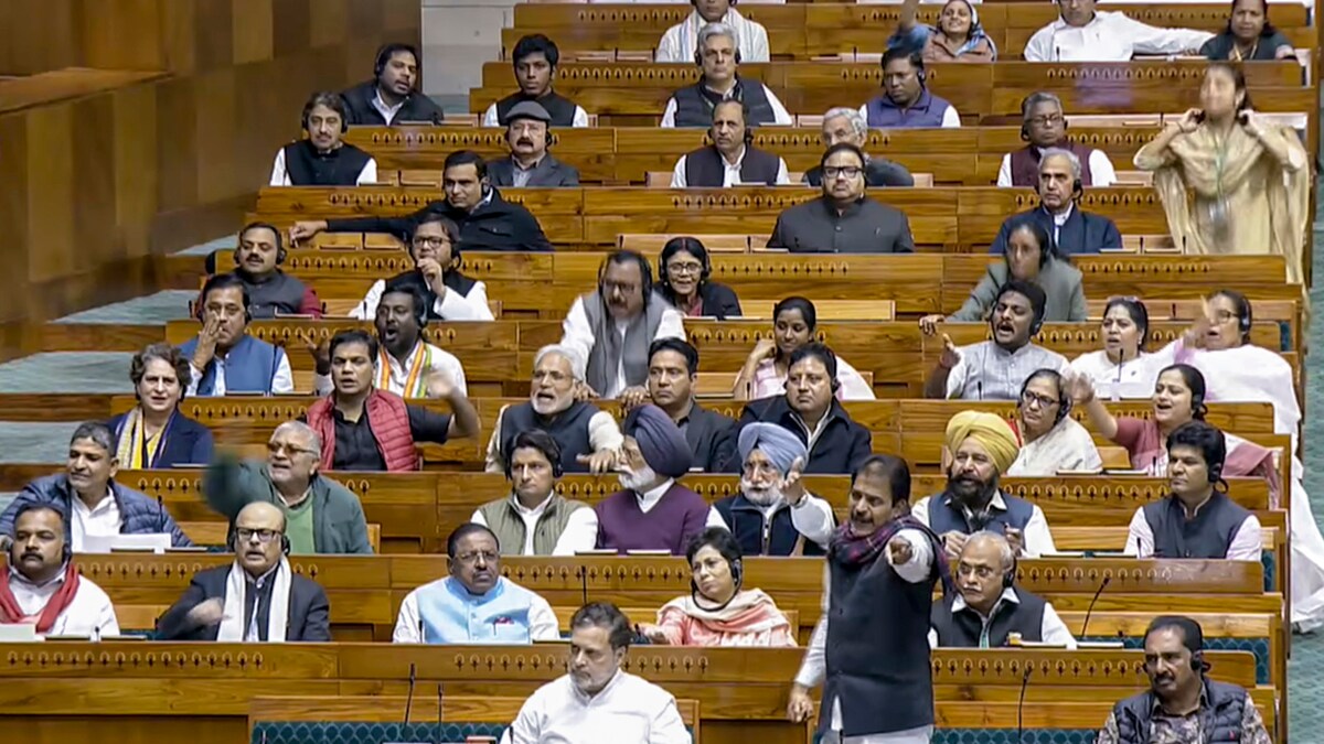 **EDS: THIRD PARTY IMAGE, SCREENGRAB VIA SANSAD TV** New Delhi: Leader of Opposition in the Lok Sabha Rahul Gandhi with party MP K.C. Venugopal during a discussion on election reforms in the House in the Winter session of Parliament, in New Delhi, Tuesday, Dec. 9, 2025. (Sansad TV via PTI Photo)(PTI12_09_2025_000320B)