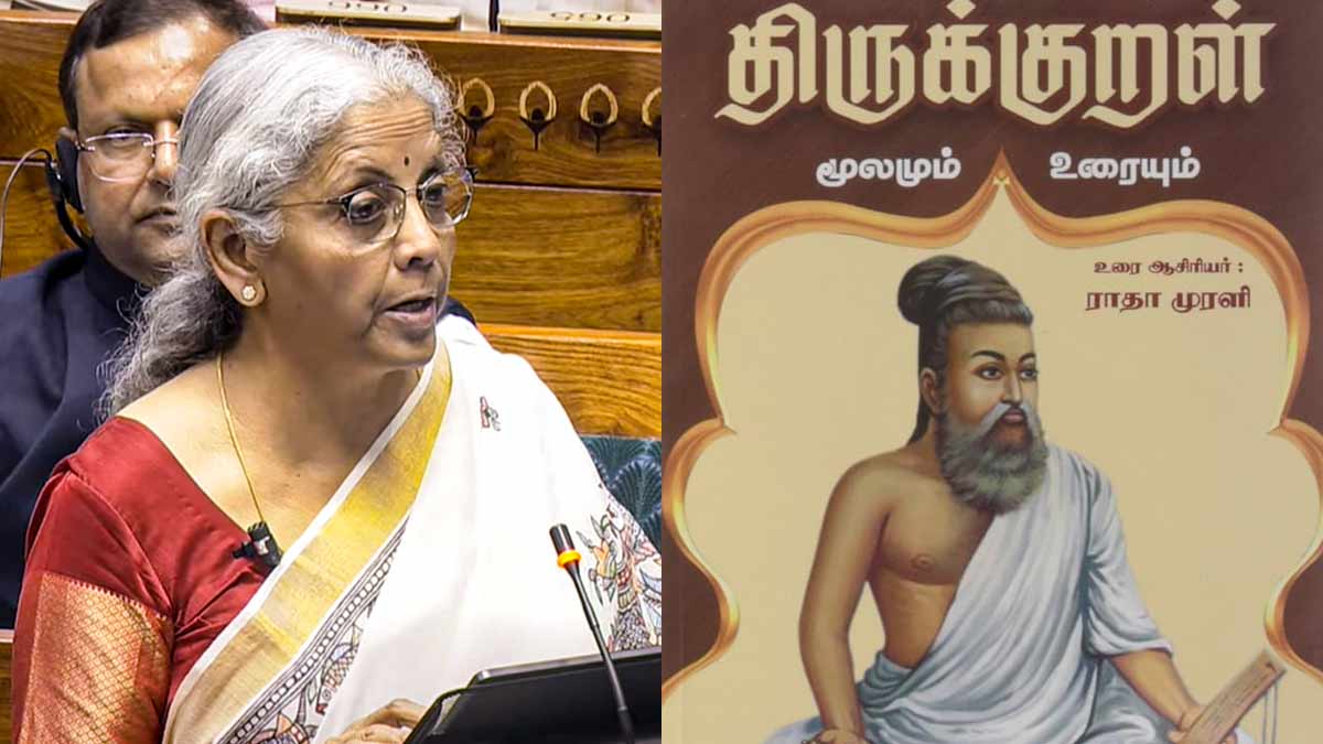 (L) Union Finance Minister Nirmala Sitharaman presents the Union Budget 2025-26 in the Lok Sabha, in New Delhi, (R) Thirukkural book cover | PTI 