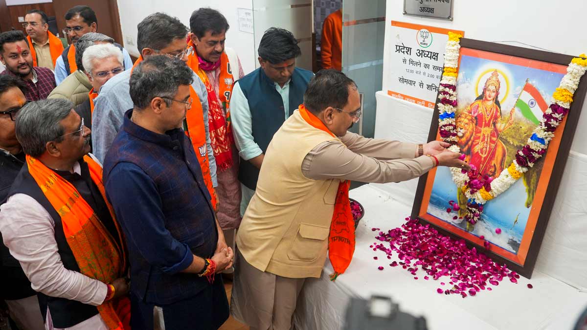 Delhi BJP President Virendra Sachdeva and others before a meeting after the victory in Delhi Assembly elections, at the Delhi state office in New Delhi | PTI