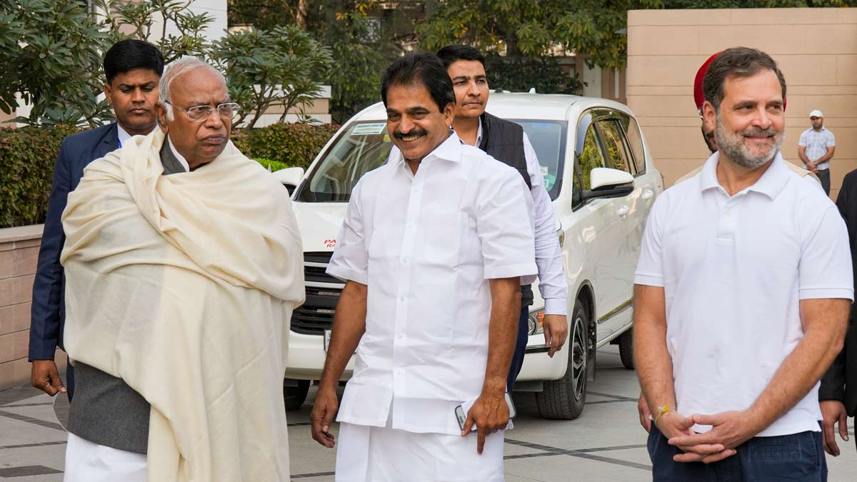 Congress President Mallikarjun Kharge with LoP in the Lok Sabha and party leader Rahul Gandhi and party leader KC Venugopal arrives for a meeting of the party's general secretaries and state in-charges, in New Delhi | PTI