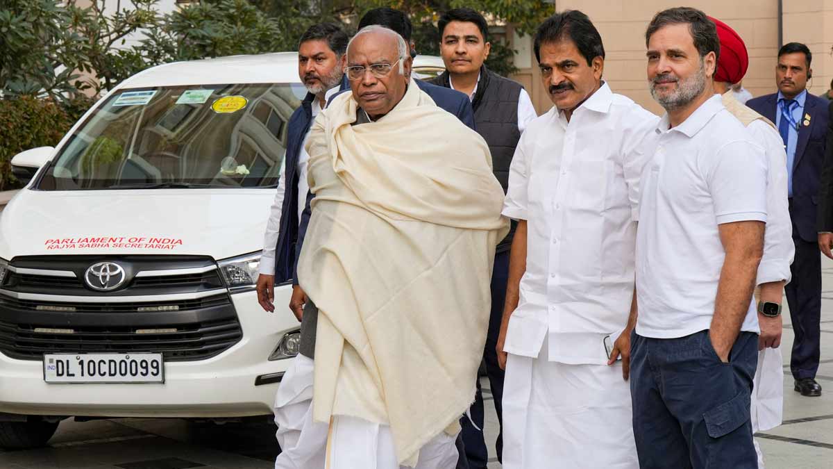 Congress President Mallikarjun Kharge with LoP in the Lok Sabha and party leader Rahul Gandhi and party leader K.C. Venugopal, in New Delhi | PTI