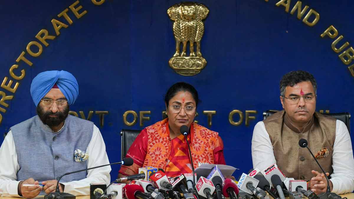 Delhi Chief Minister Rekha Gupta, center, addresses her first press conference as the CM with cabinet ministers Manjinder Singh Sirsa, left, and Parvesh Verma | PTI