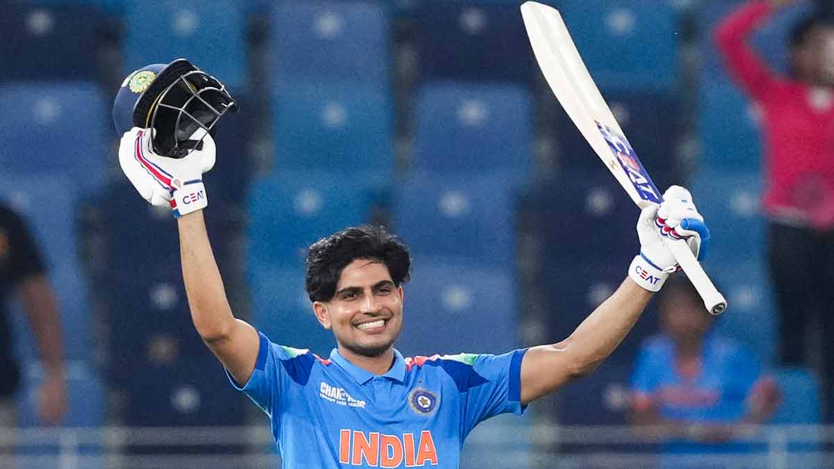 India's Shubman Gill celebrates his century during an ODI cricket match of the ICC Champions Trophy against Bangladesh | PTI