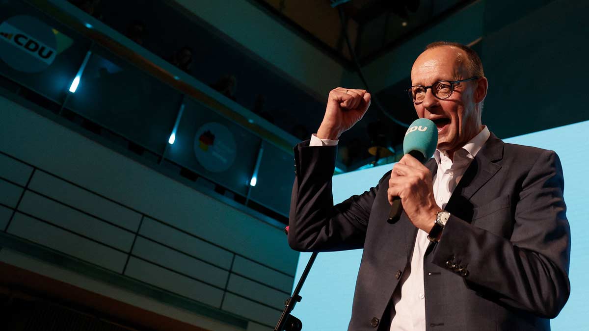 Friedrich Merz, leader of Germany's conservative Christian Democratic Union (CDU) and his party's main candidate for Chancellor addresses supporters at the electoral evening in Berlin | AFP 
