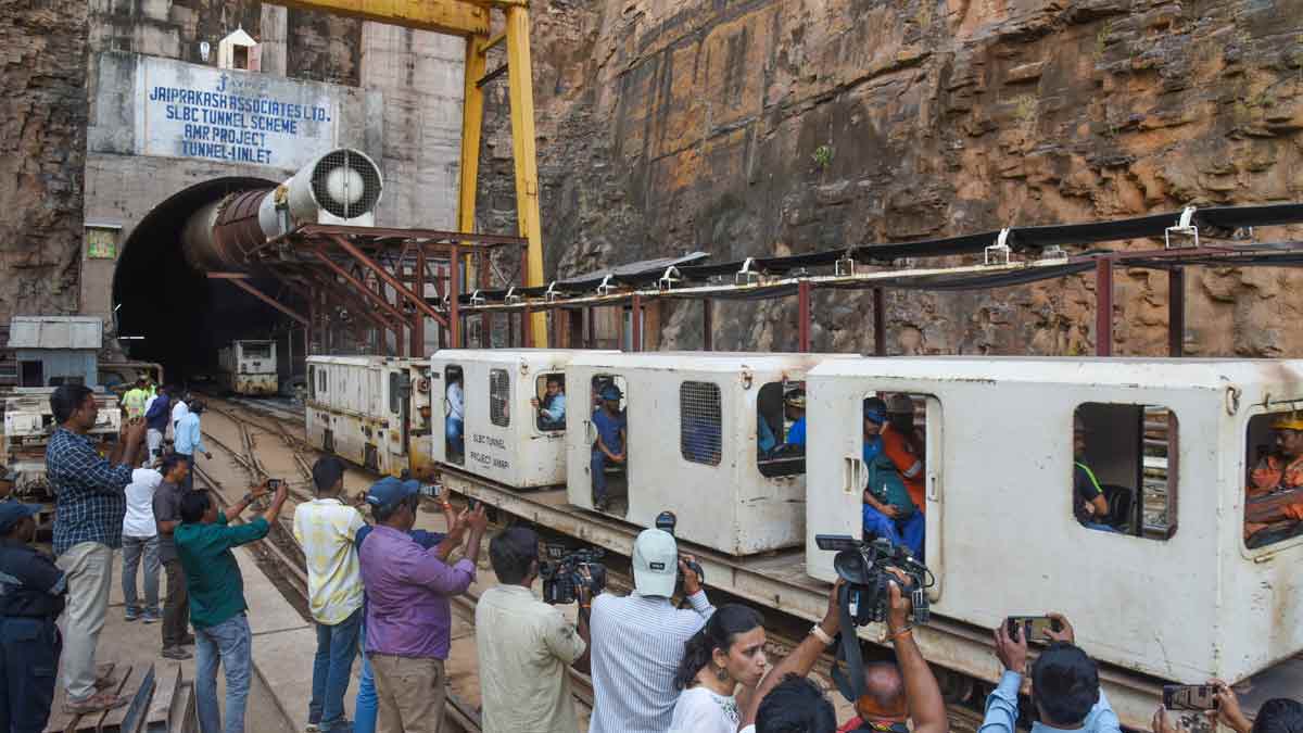 Rescue operation underway to extricate eight trapped persons after a section of a tunnel collapsed in the SLBC project, in Nagarkurnool district, Telangana | PTI