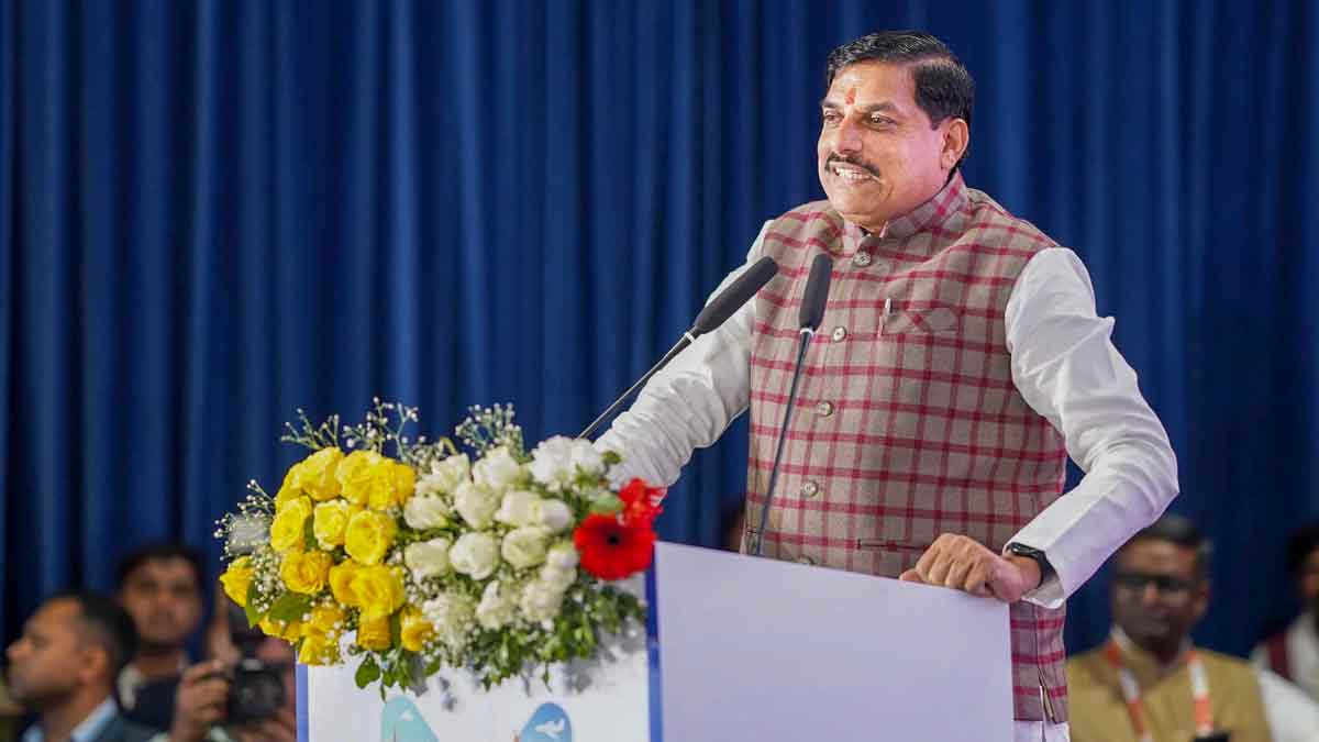 Madhya Pradesh Chief Minister Mohan Yadav addresses a gathering during 'Departmental Summit Tourism Summit' organized under the Global Investors Summit 2025, in Bhopal | PTI