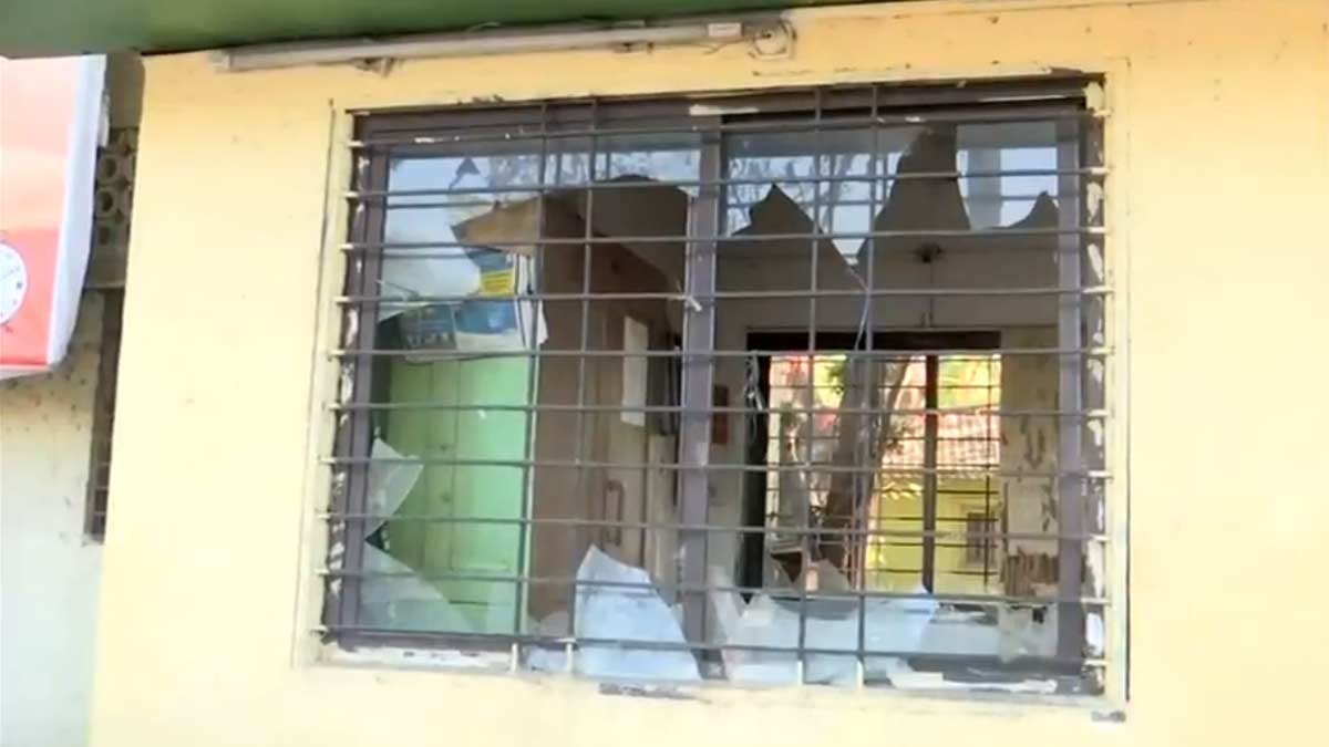 Broken window glasses of the MSRTC office at Pune Swargate bus station following a protest by SHiv Sena (UBT) | X