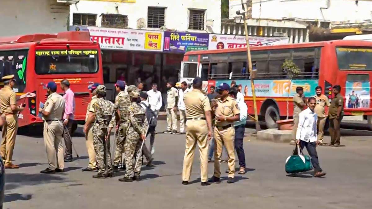 Police personnel at the Swargate Bus Stand after the alleged rape of a 26-year-old woman inside a Maharashtra State Road Transport Corporation (MSRTC) bus, in Pune | PTI 